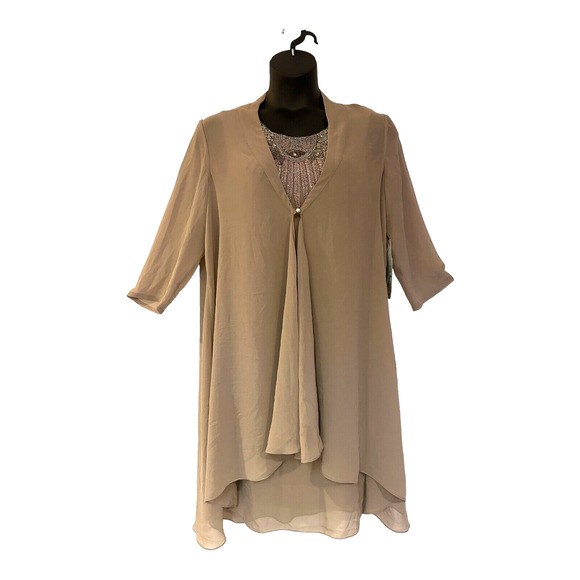 Midnight Velvet Beaded Shift Taupe Cocktail Formal Dinner Fall Jacket Dress Suit - Picture 2 of 16